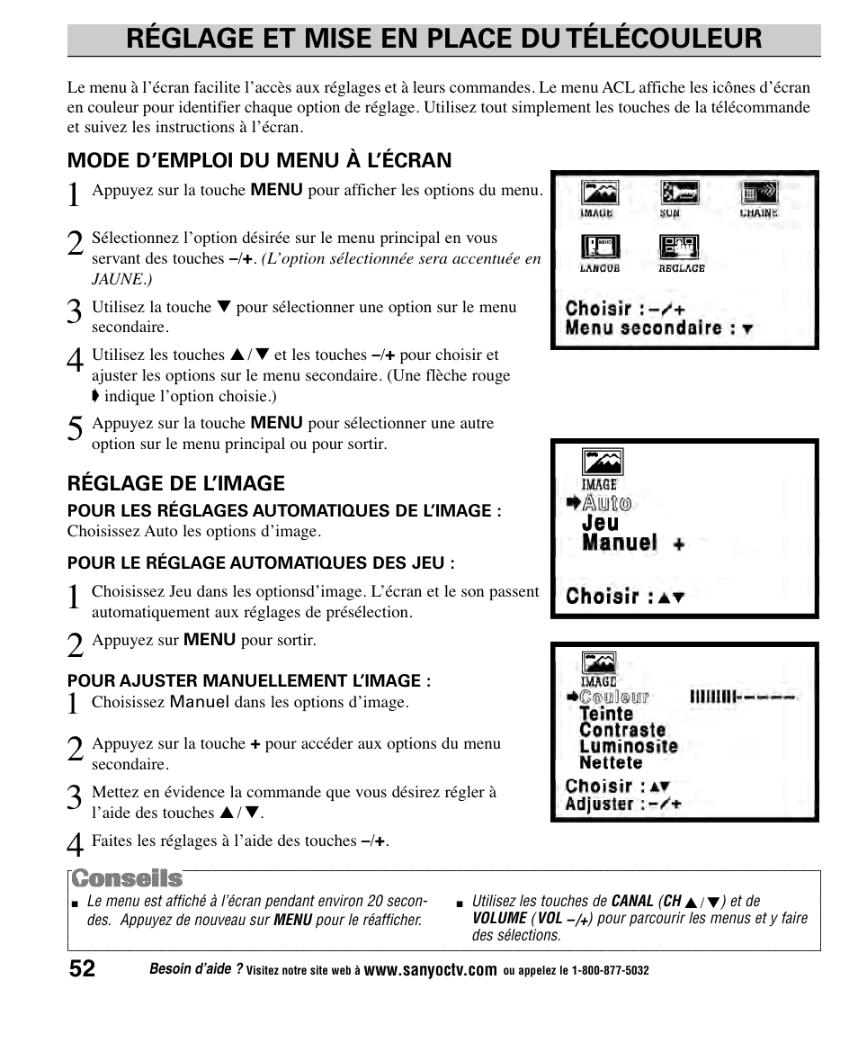 Réglage et mise en place du télécouleur | Sanyo CLT1554 User Manual | Page 52 / 60