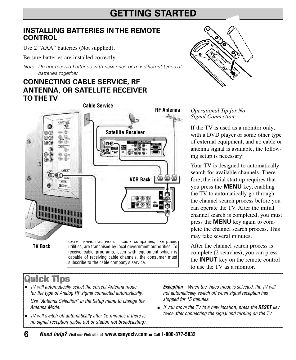 Getting started, Installing batteries in the remote control | Sanyo CLT1554 User Manual | Page 6 / 60