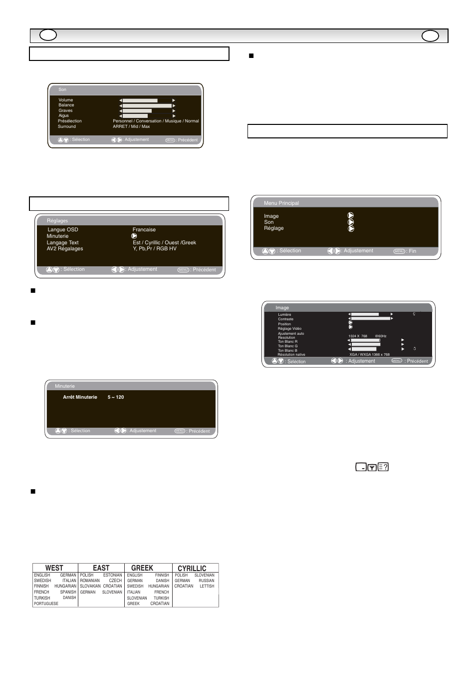 Utilisa, Utilisa tion des menus tion des menus, Réglages du menu pc | Menu réglages, Menu son, Ts e w, Ts a e | Sanyo CE42LM5WP User Manual | Page 19 / 87