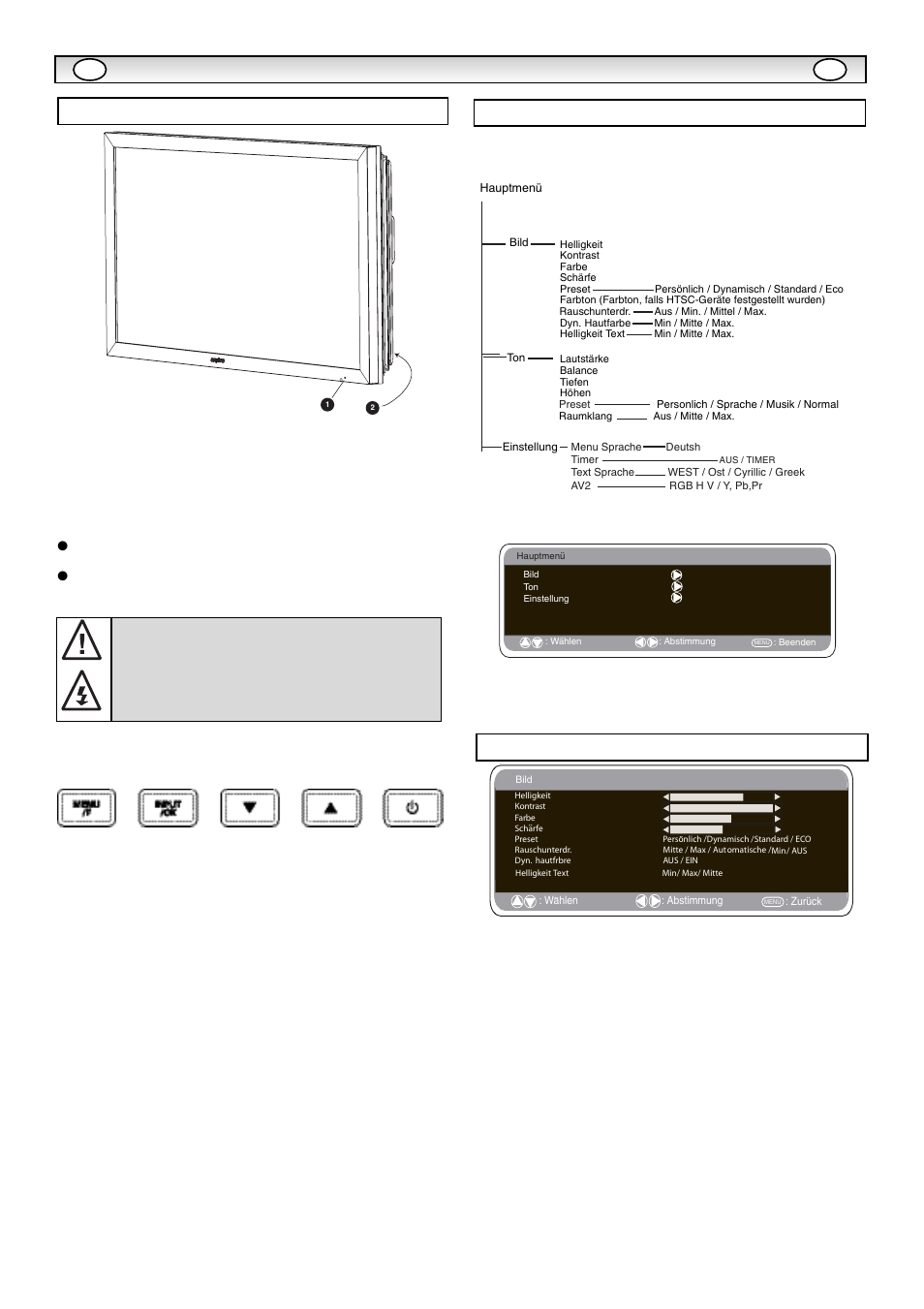 Anschluss, Anschlüsse, Menübetrieb | Bedienungselemente, Bild-menü, Schalten in den/aus dem standby-modus, Input/ok | Sanyo CE42LM5WP User Manual | Page 28 / 87