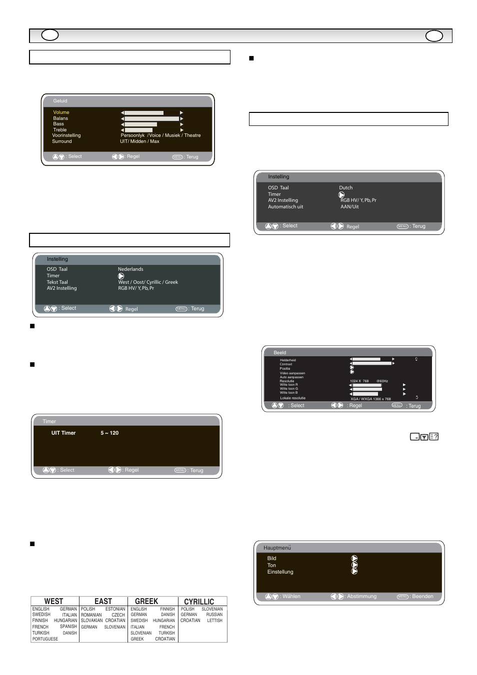 Menuwerking, Instellingenmenu, Menu-instellingen pc | Geluidsmenu, Ts e w, Ts a e | Sanyo CE42LM5WP User Manual | Page 39 / 87