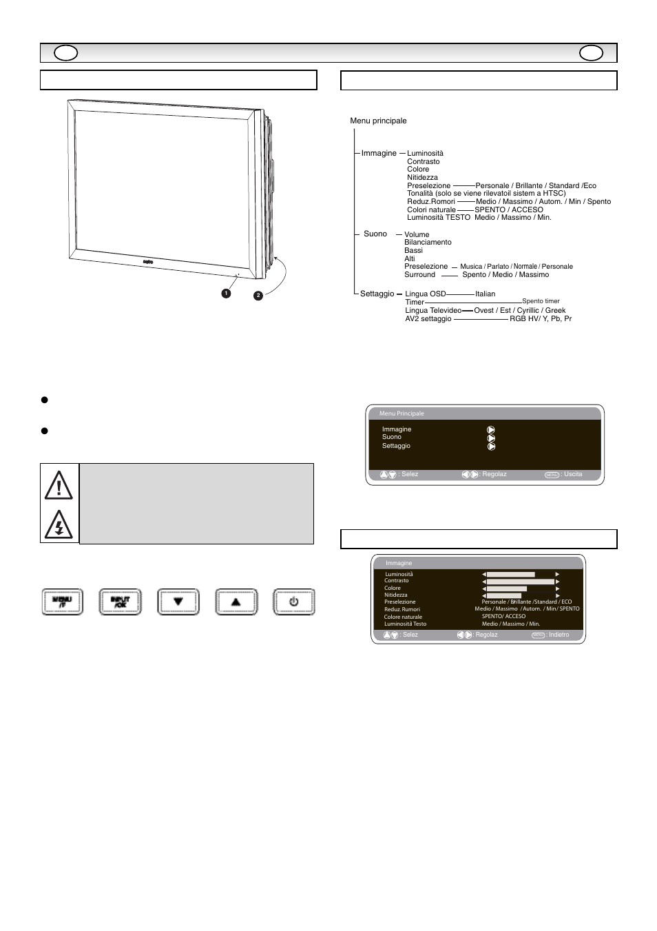 Inst, Inst allazione allazione, Comandi / terminali menu imagine | Funzionamento del menu, Tasto input/ok, Pulsanti e d, Pulsante 4 | Sanyo CE42LM5WP User Manual | Page 48 / 87