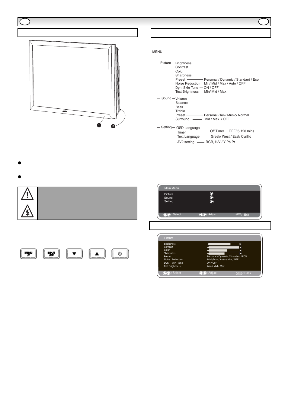 Inst, Inst alla alla tion tion, Controls and menus | Picture menu, Menu operation, Menu/f button, Input/ ok button: s, Buttons, 4button | Sanyo CE42LM5WP User Manual | Page 7 / 87