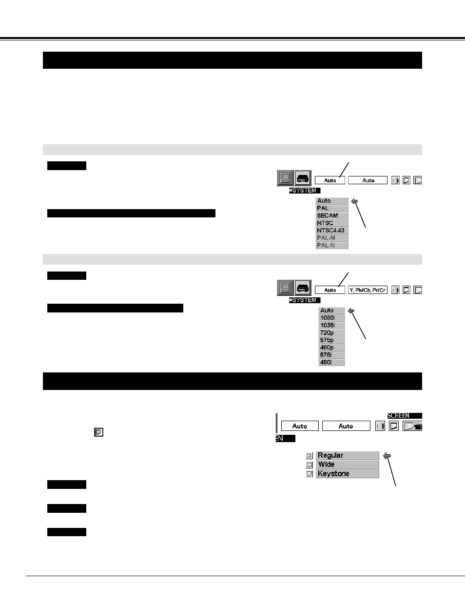 Selecting color system, Picure screen adjustment, Picture screen adjustment | Video mode | Sanyo PLC-SW15 User Manual | Page 30 / 40