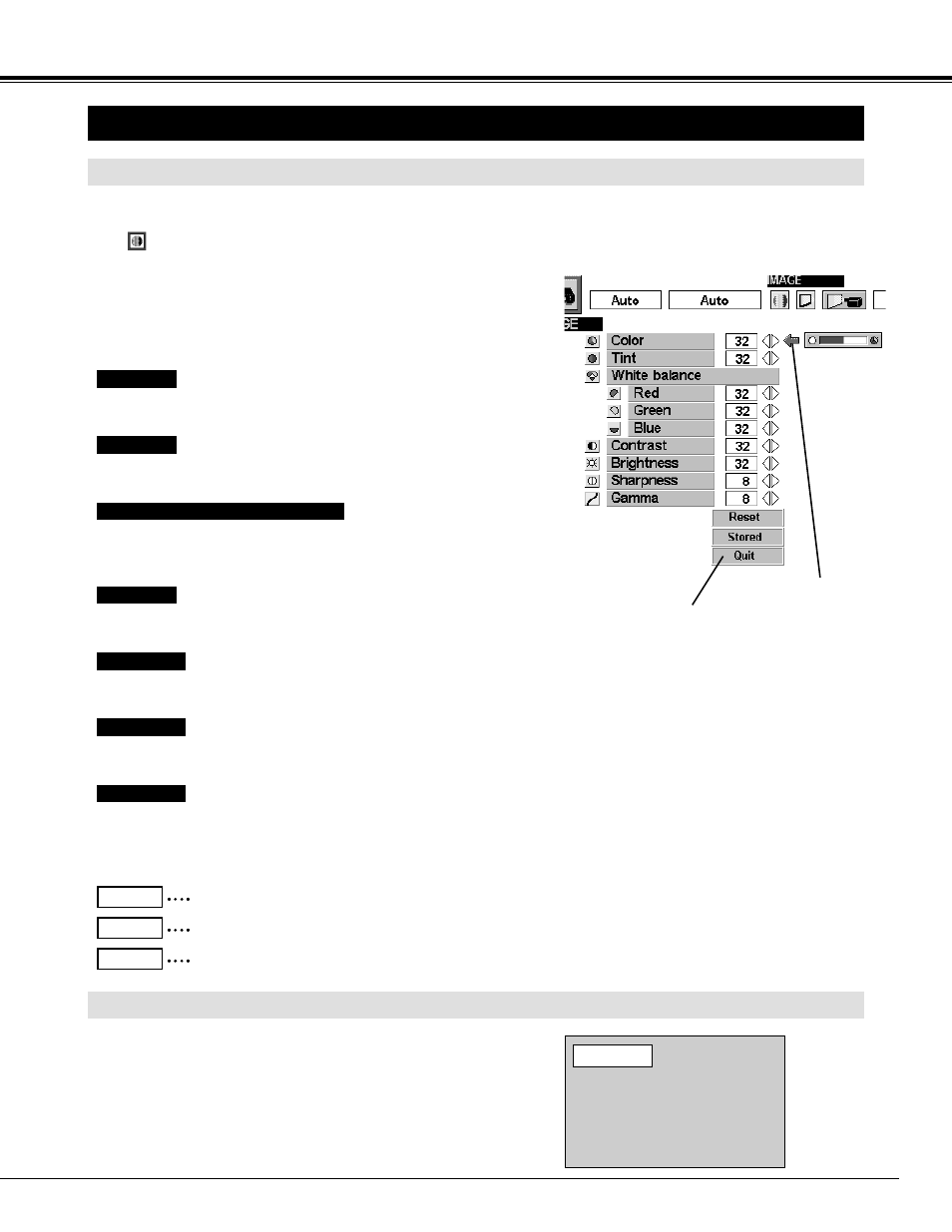 Picure image adjustment, Picture image adjustment, Video mode | Adjusting the picture image, Normal function | Sanyo PLC-SW15 User Manual | Page 31 / 40