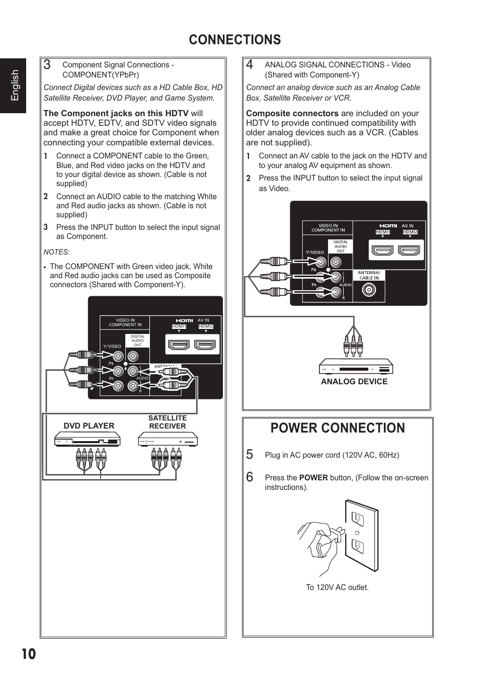 Connections 3, Power connection 5, En g lish | Sanyo 720P/1080P HDTVLCD DP32242 User Manual | Page 10 / 29