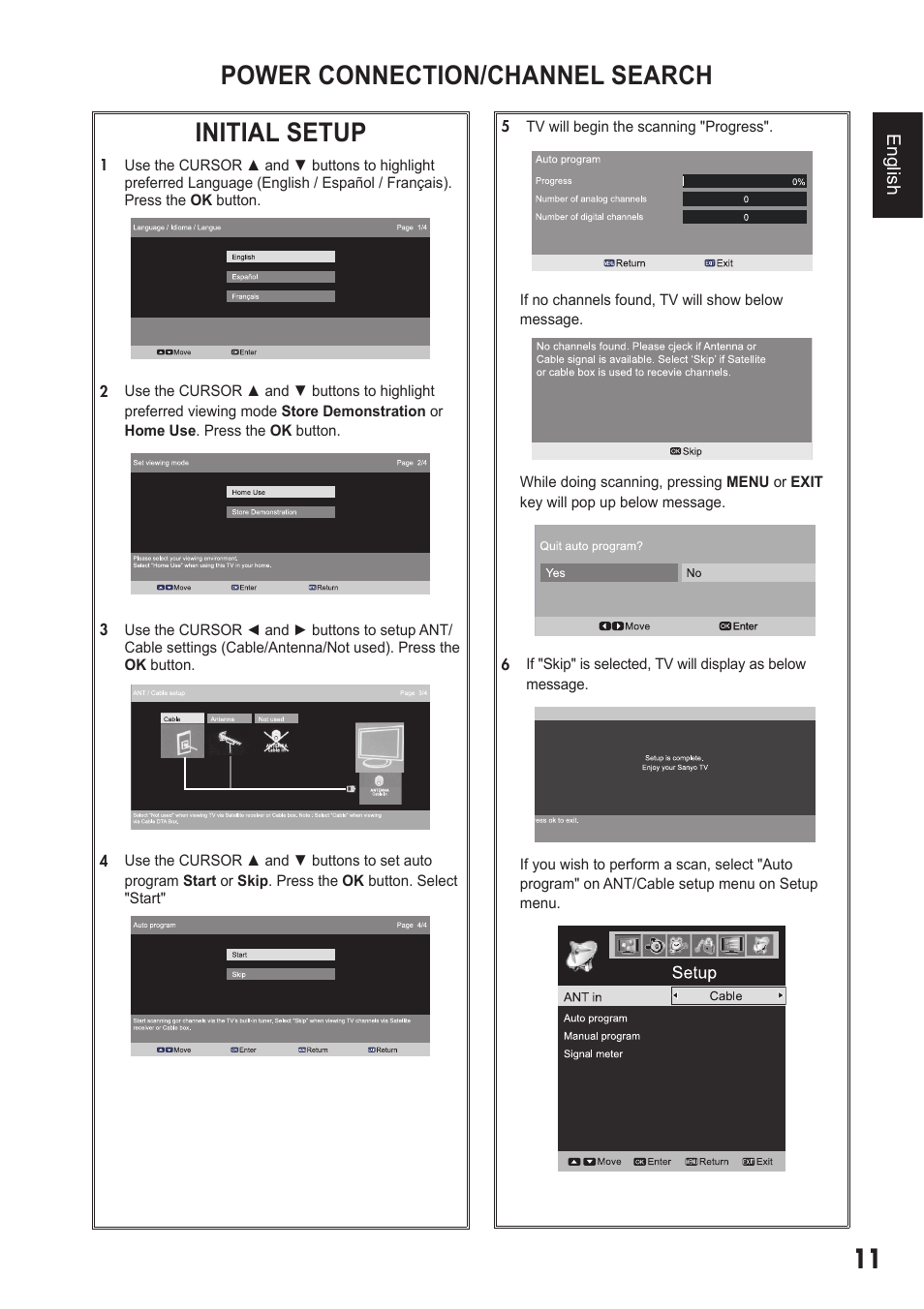 Power connection/channel search, Initial setup, En g lish | Sanyo 720P/1080P HDTVLCD DP32242 User Manual | Page 11 / 29