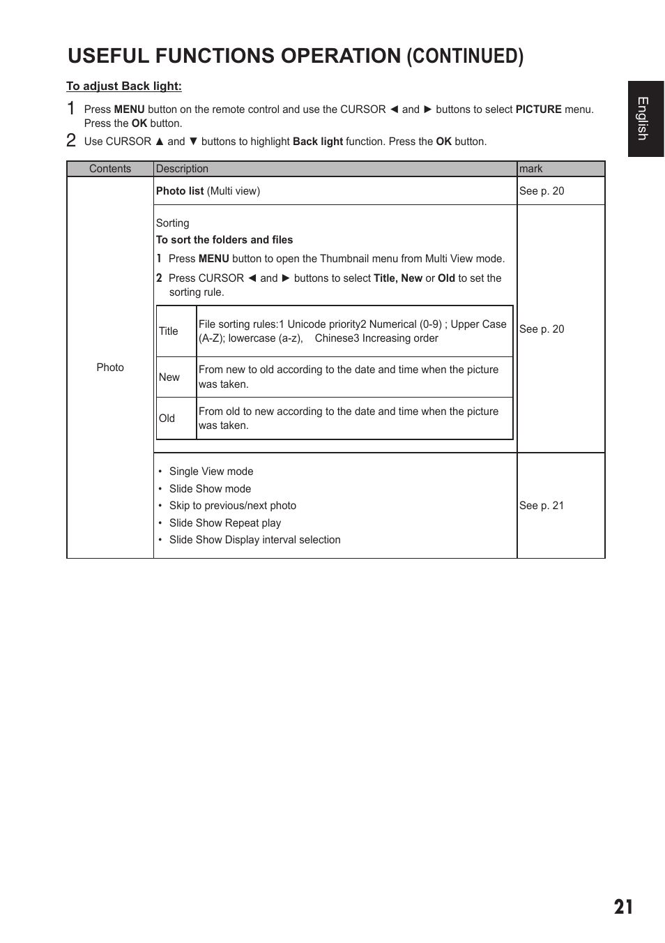 Useful functions operation (continued) | Sanyo 720P/1080P HDTVLCD DP32242 User Manual | Page 21 / 29