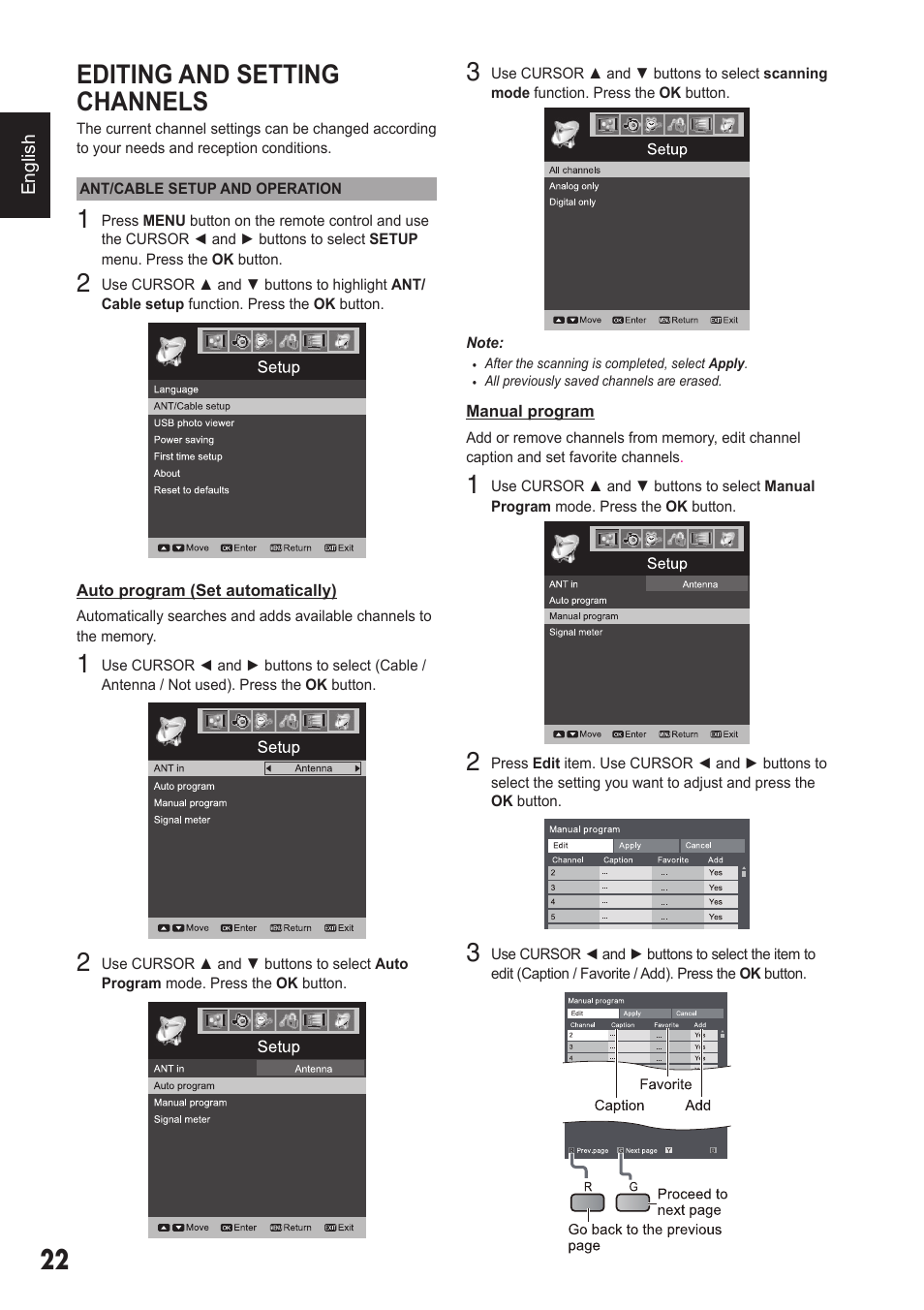 Editing and setting channels | Sanyo 720P/1080P HDTVLCD DP32242 User Manual | Page 22 / 29