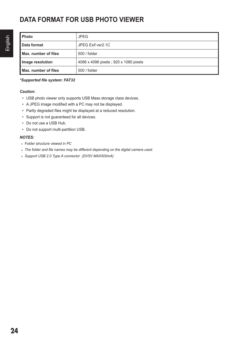 Data format for usb photo viewer | Sanyo 720P/1080P HDTVLCD DP32242 User Manual | Page 24 / 29