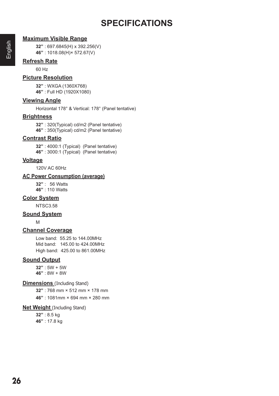 Specifications | Sanyo 720P/1080P HDTVLCD DP32242 User Manual | Page 26 / 29