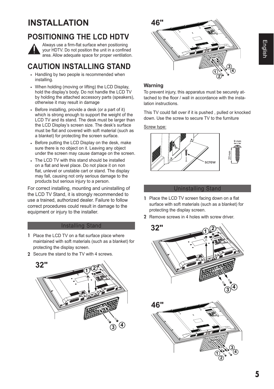 Installation, Positioning the lcd hdtv, Caution installing stand | Sanyo 720P/1080P HDTVLCD DP32242 User Manual | Page 5 / 29