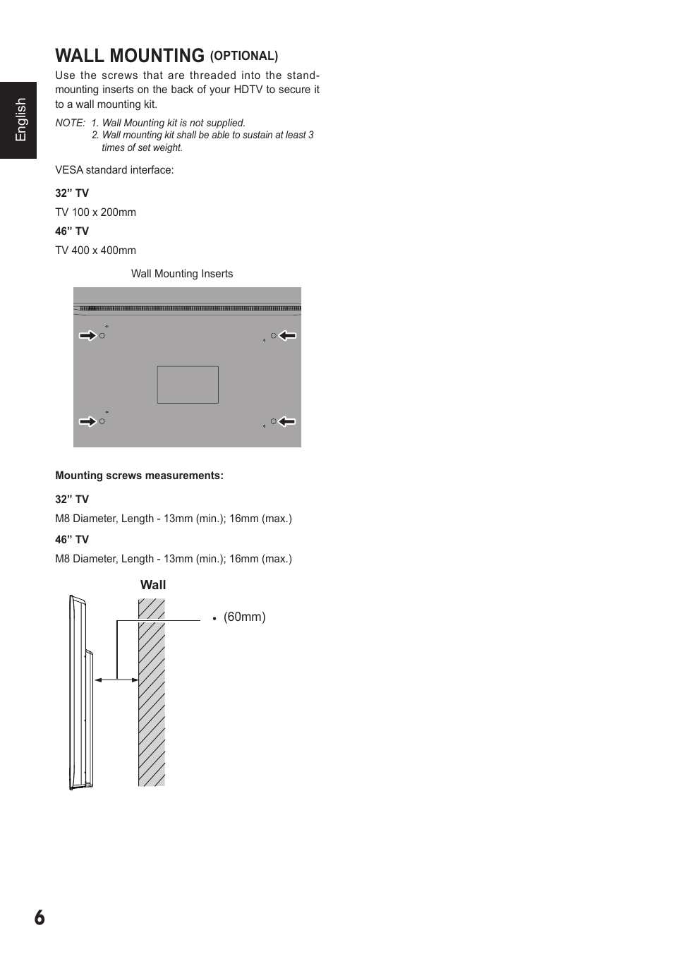 Wall mounting | Sanyo 720P/1080P HDTVLCD DP32242 User Manual | Page 6 / 29