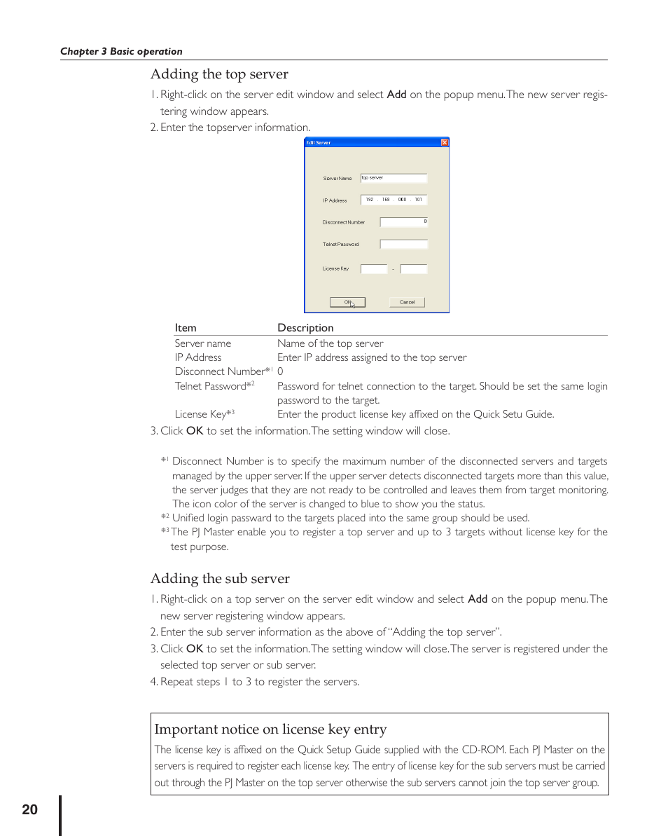 Adding the top server, Adding the sub server, Important notice on license key entry | Sanyo PJ MASTER POA-PJNM01 User Manual | Page 20 / 54