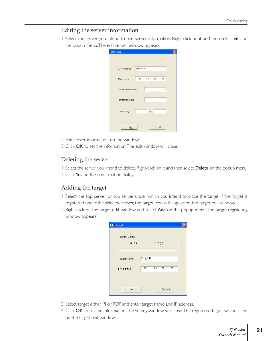 Editing the server information, Deleting the server, Adding the target | Sanyo PJ MASTER POA-PJNM01 User Manual | Page 21 / 54