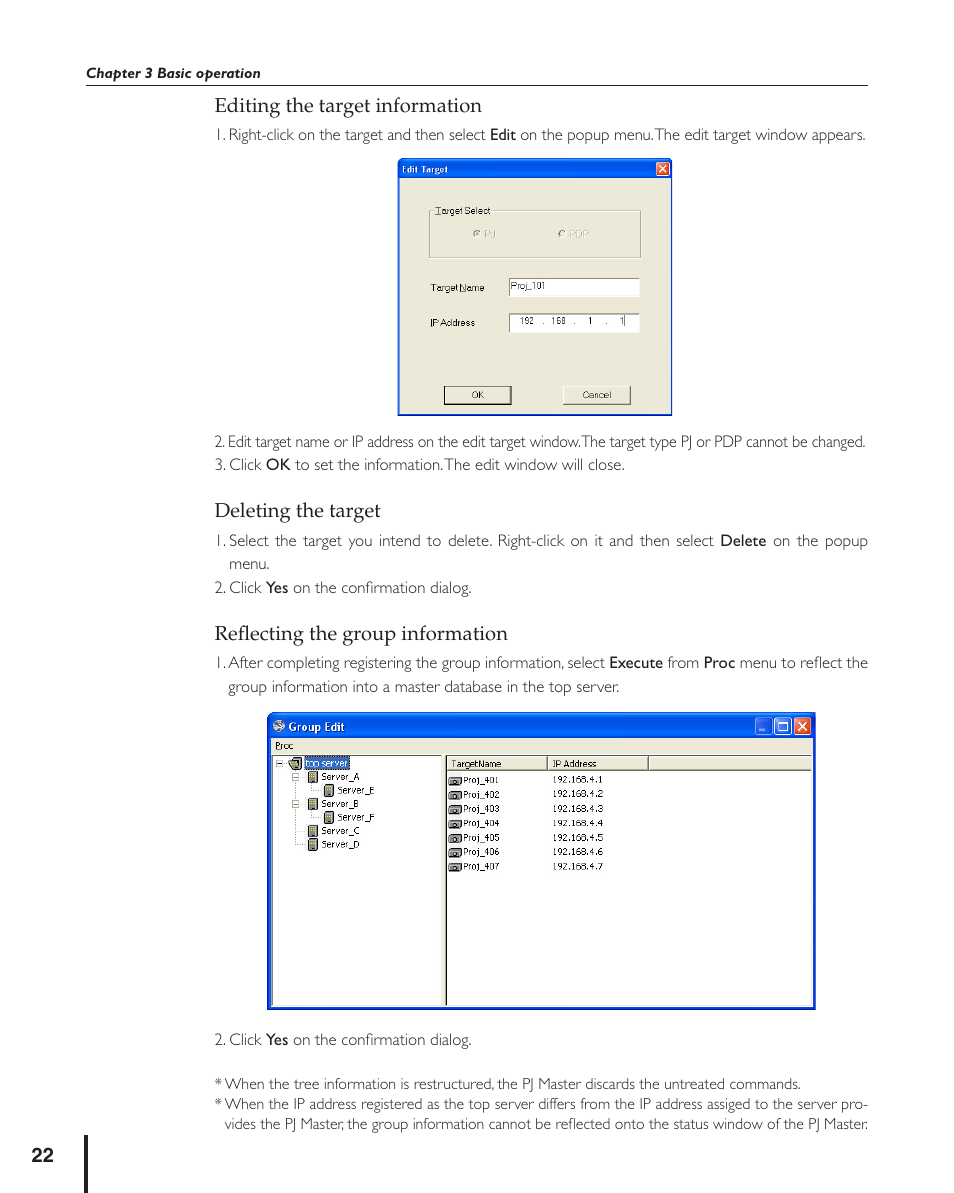 Editing the target information, Deleting the target, Reflecting the group information | Sanyo PJ MASTER POA-PJNM01 User Manual | Page 22 / 54