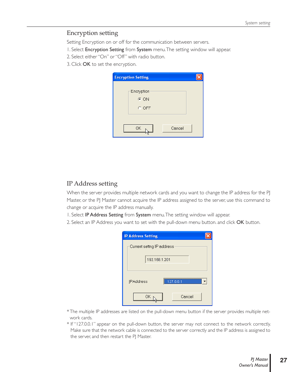 Encryption setting, Ip address setting | Sanyo PJ MASTER POA-PJNM01 User Manual | Page 27 / 54