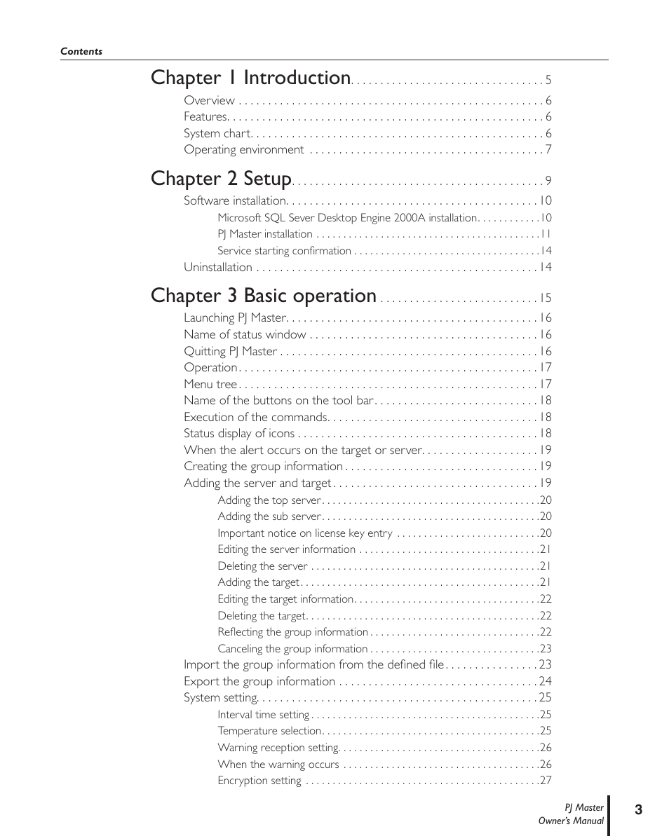 Chapter 1 introduction, Chapter 2 setup, Chapter 3 basic operation | Sanyo PJ MASTER POA-PJNM01 User Manual | Page 3 / 54