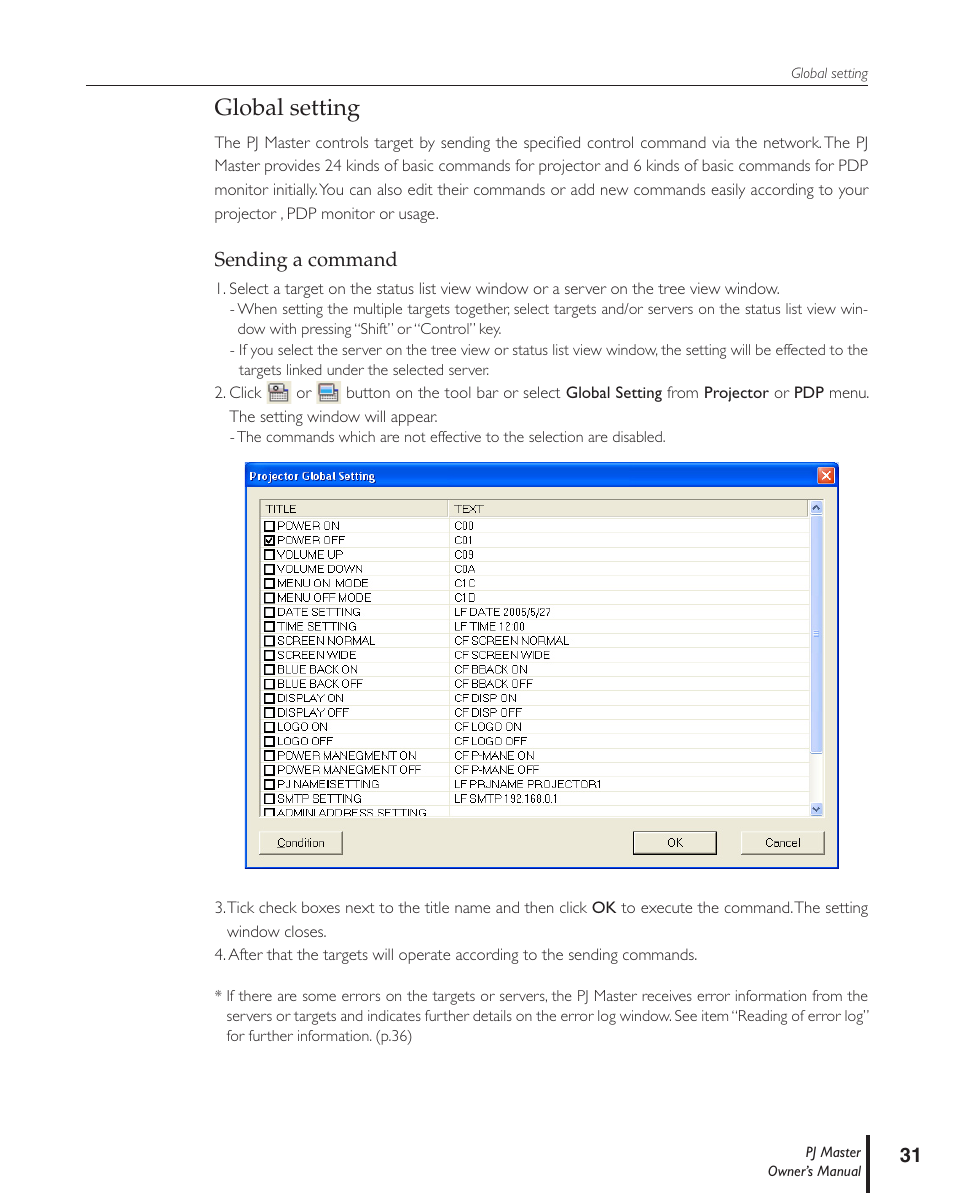 Global setting, Sending a command | Sanyo PJ MASTER POA-PJNM01 User Manual | Page 31 / 54
