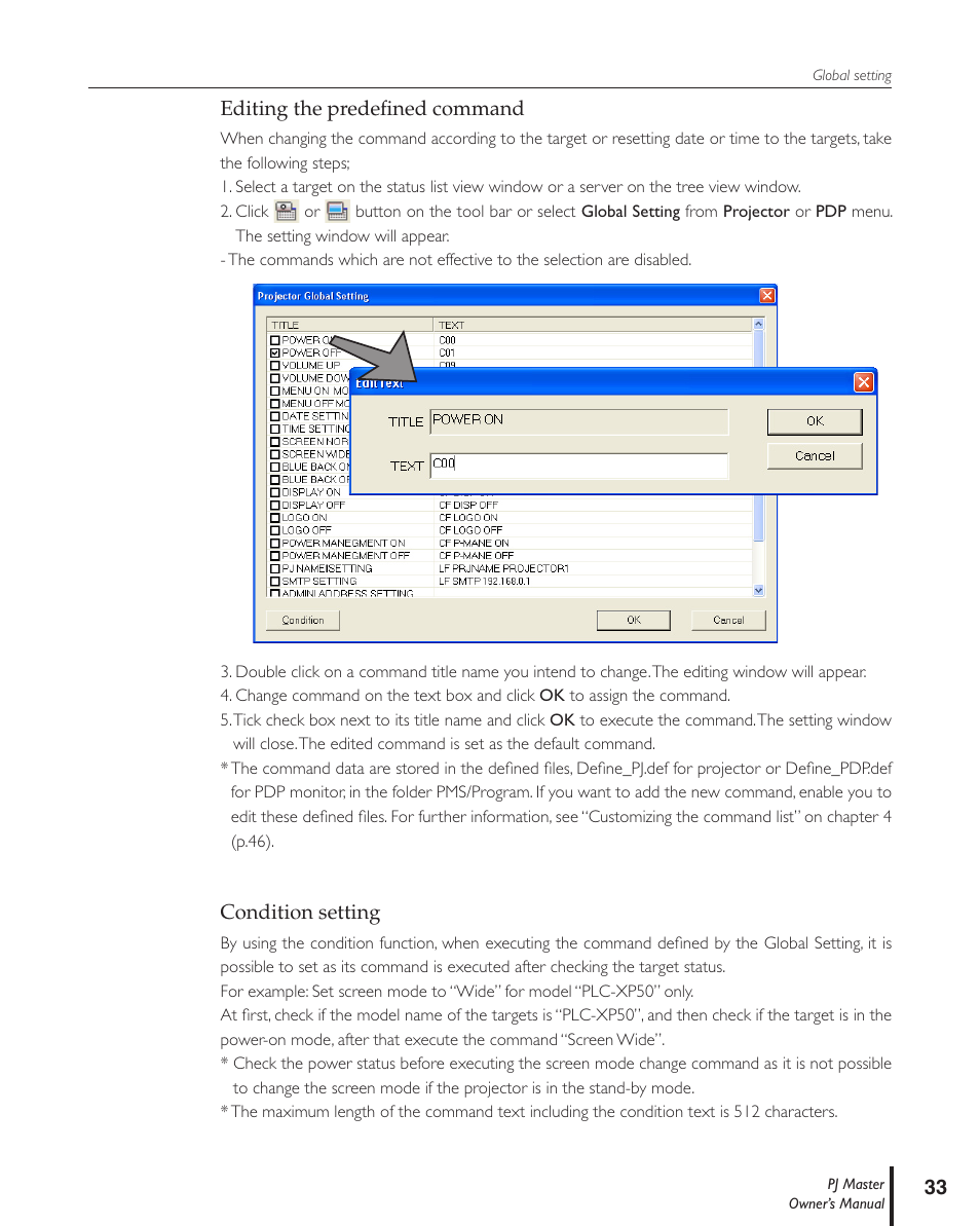 Editing the predefined command, Condition setting, Editing the predeﬁned command condition setting | Editing the predeﬁned command | Sanyo PJ MASTER POA-PJNM01 User Manual | Page 33 / 54
