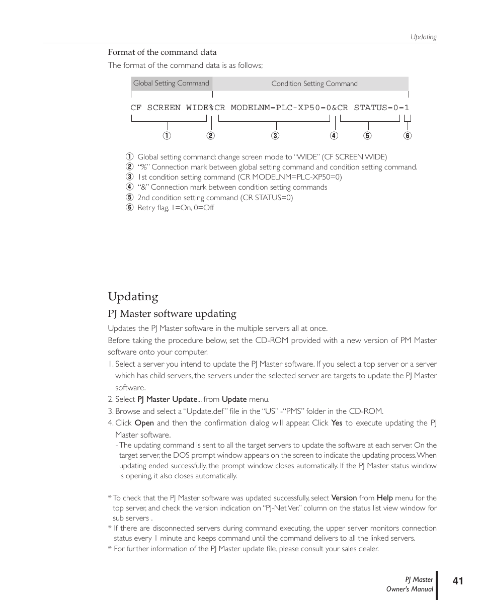 Format of the command data, Updating, Pj master software updating | Sanyo PJ MASTER POA-PJNM01 User Manual | Page 41 / 54