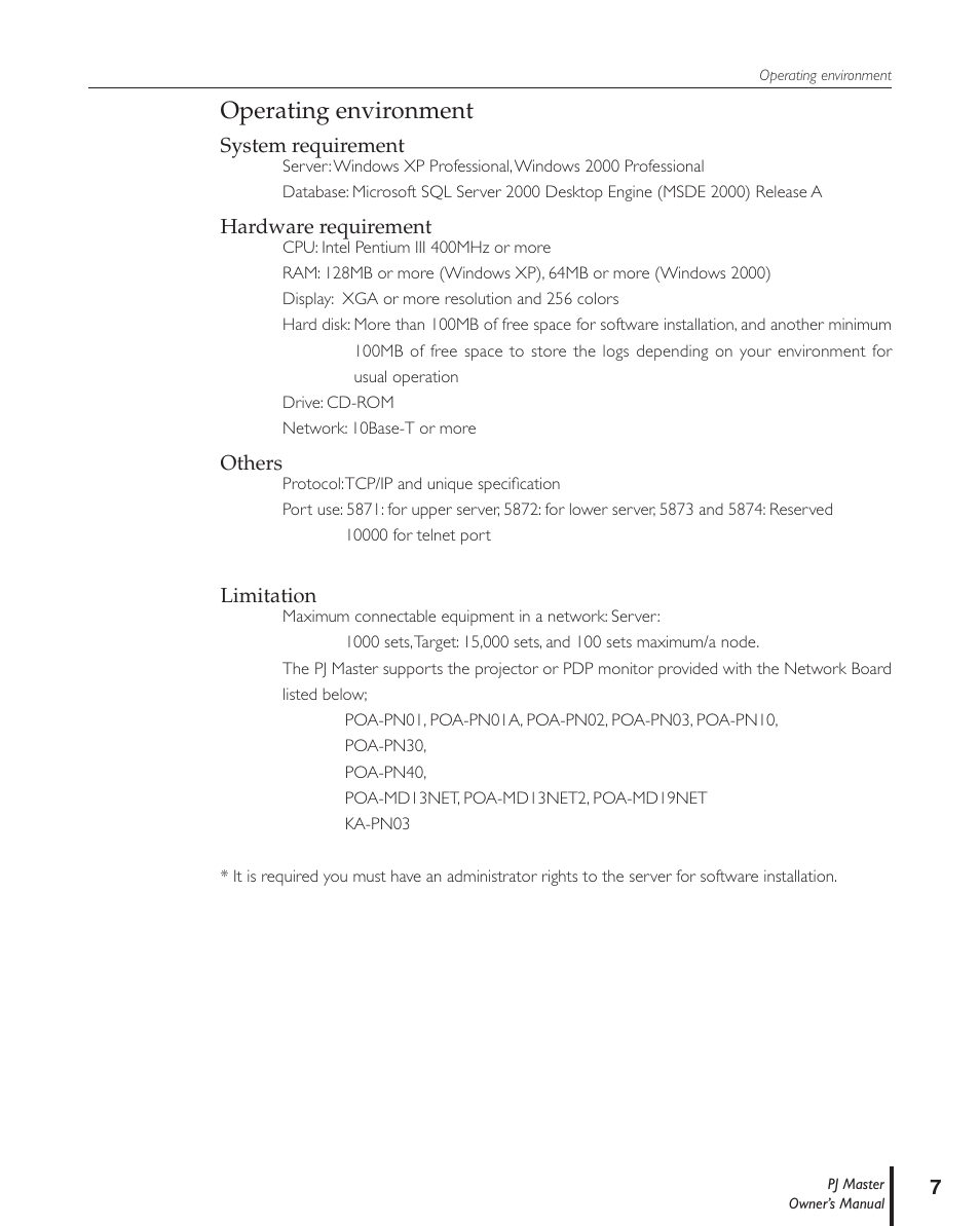 Operating environment, System requirement, Hardware requirement | Others, Limitation | Sanyo PJ MASTER POA-PJNM01 User Manual | Page 7 / 54