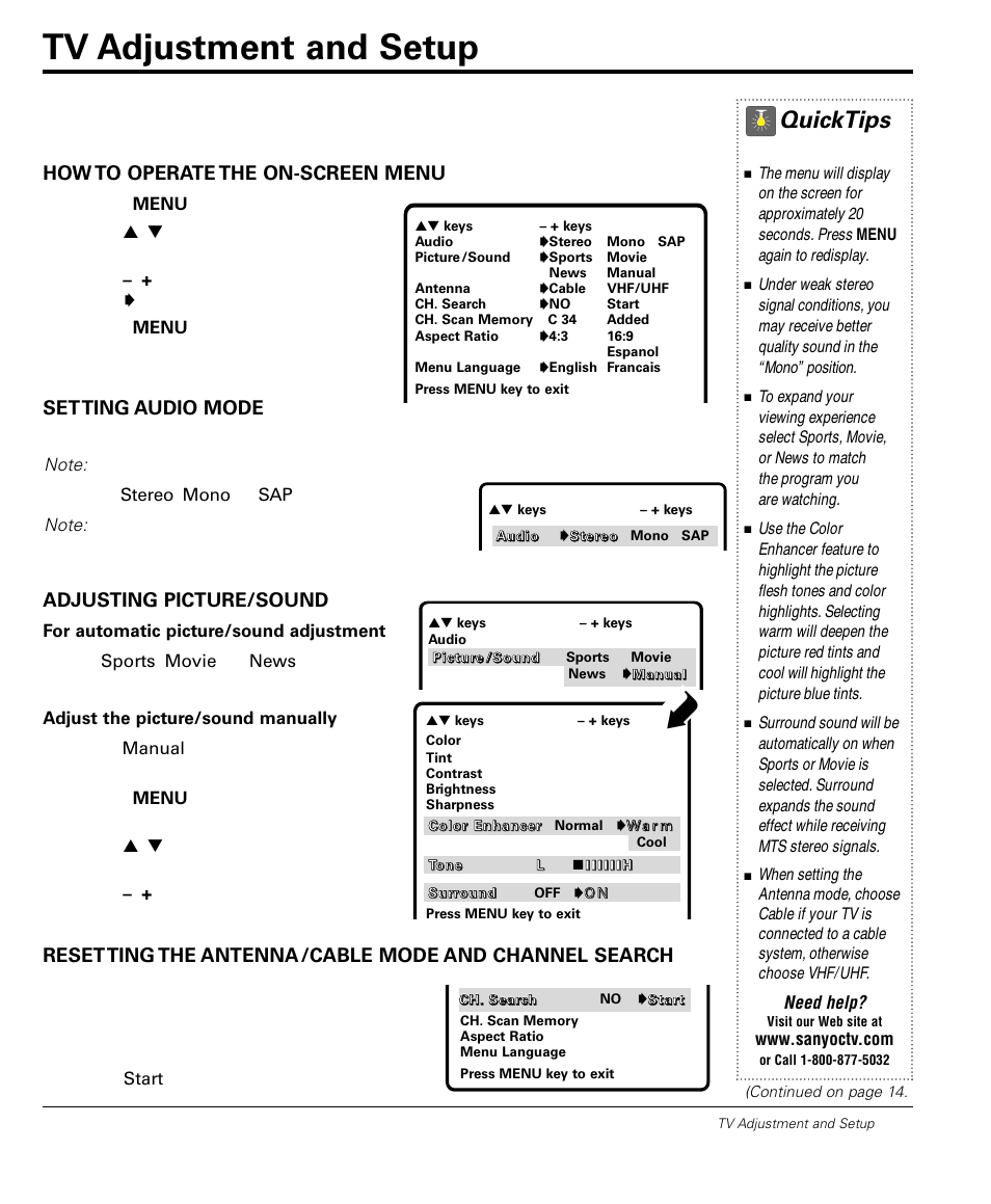 Tv adjustment and setup, Quicktips, How to operate the on-screen menu | Setting audio mode, Adjusting picture/sound, Need help | Sanyo DS32224 User Manual | Page 13 / 59