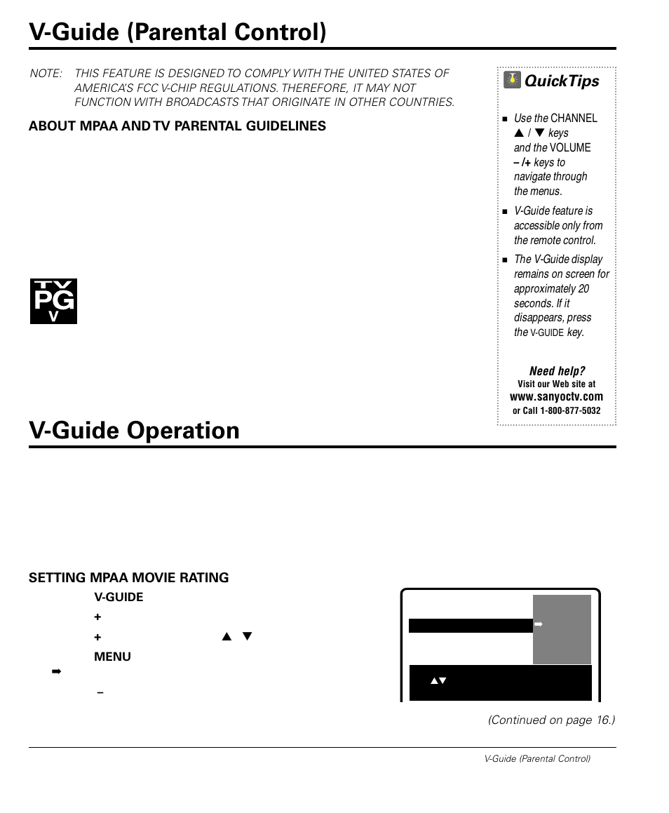 V-guide (parental control), V-guide operation, Quicktips | Sanyo DS32224 User Manual | Page 15 / 59