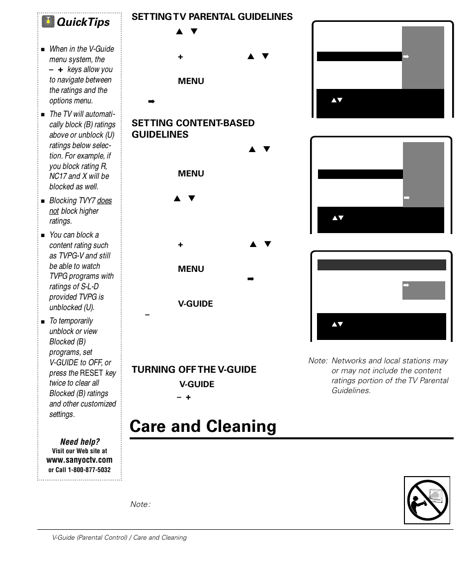 Care and cleaning, Quicktips | Sanyo DS32224 User Manual | Page 16 / 59