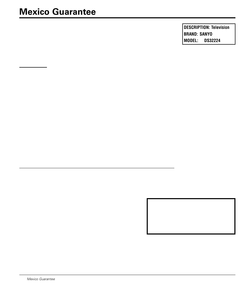 Mexico guarantee | Sanyo DS32224 User Manual | Page 18 / 59