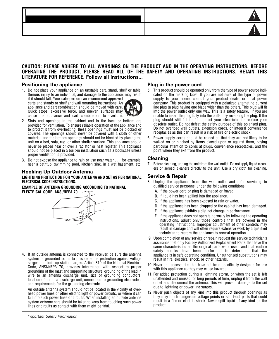 Important safety instructions, Caution, Positioning the appliance | Hooking up outdoor antenna, Plug in the power cord, Cleaning, Service & repair | Sanyo DS32224 User Manual | Page 2 / 59