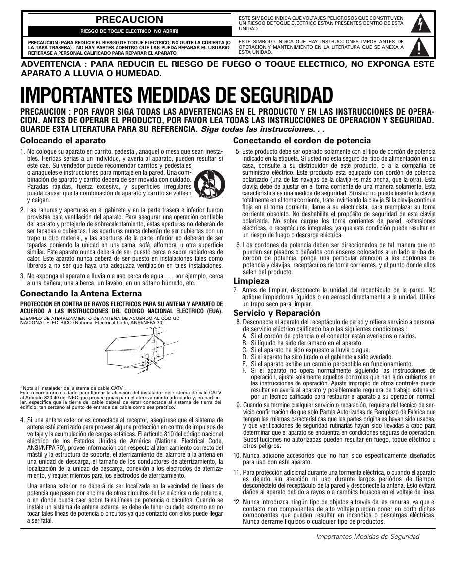 Importantes medidas de seguridad, Precaucion, Conectando la antena externa | Conectando el cordon de potencia, Limpieza, Servicio y reparación | Sanyo DS32224 User Manual | Page 21 / 59
