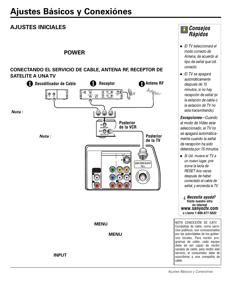 Ajustes básicos y conexiónes, Consejos rápidos, Sugerencia de operación para conexión sin señal | Monitor, Necesita ayuda, Decodificador de cable, Receptor, Posterior de la tv, Antena rf, Posterior de la vcr | Sanyo DS32224 User Manual | Page 23 / 59