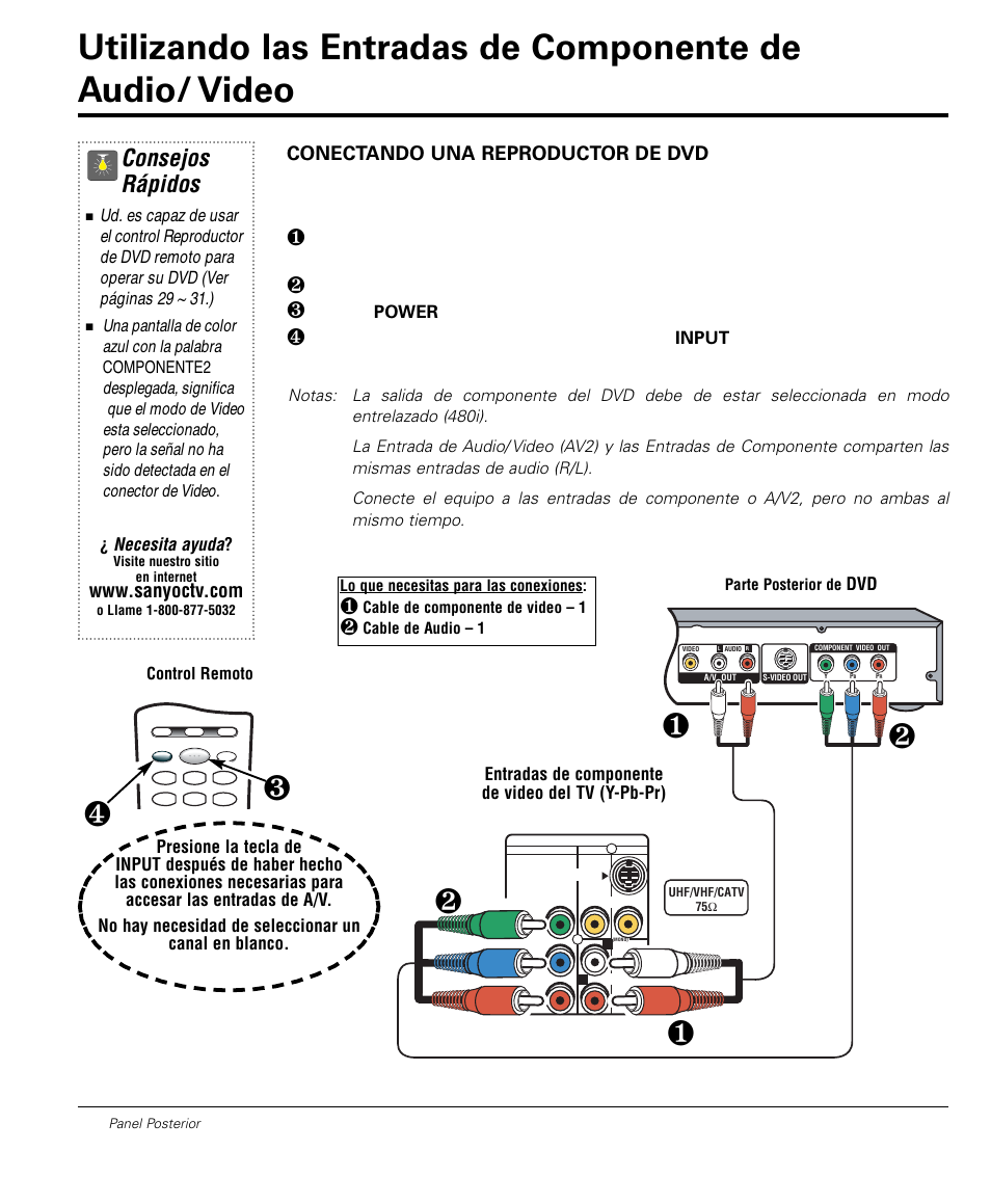 Consejos rápidos, Conectando una reproductor de dvd | Sanyo DS32224 User Manual | Page 26 / 59