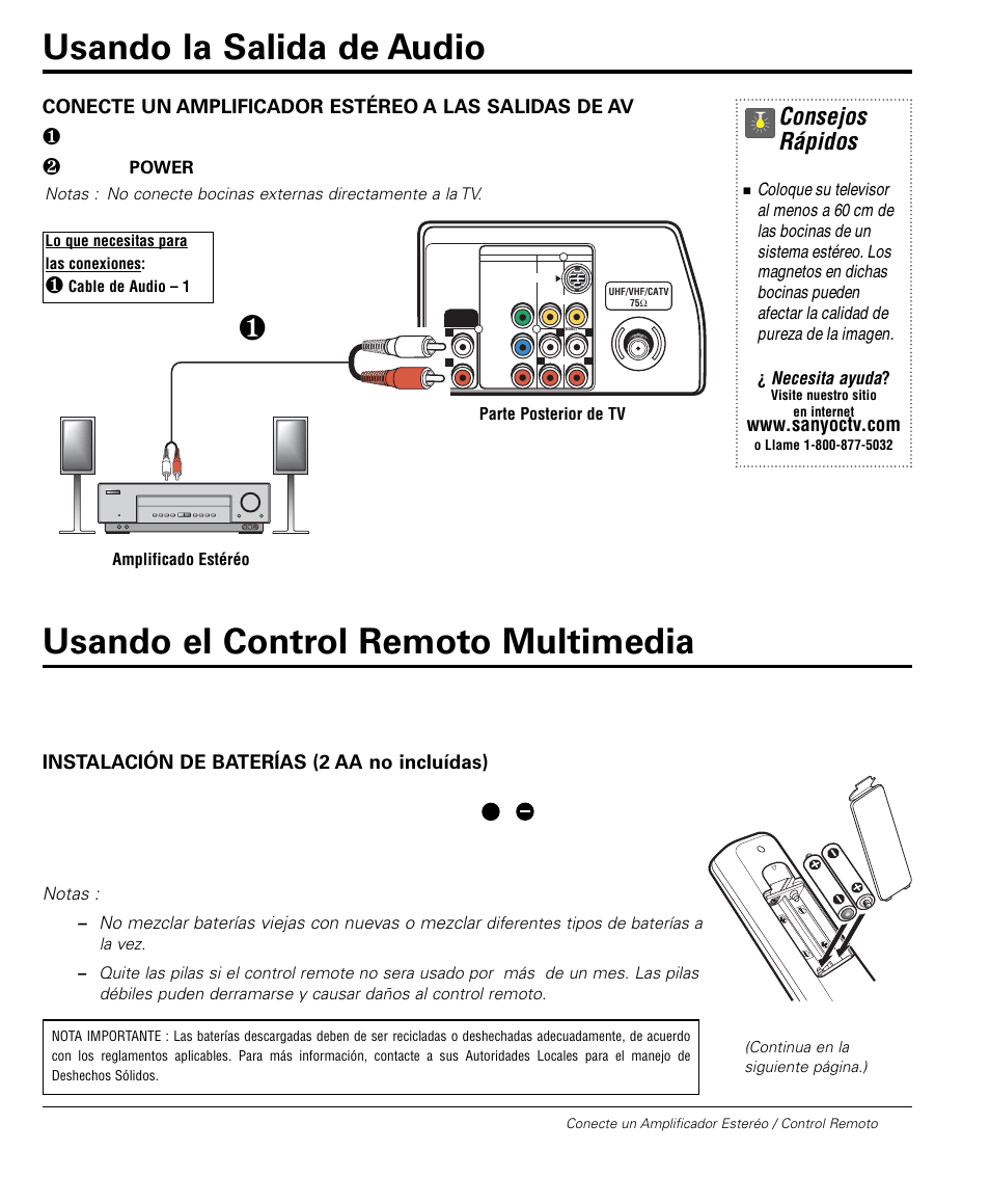 Usando la salida de audio, Usando el control remoto multimedia, Consejos rápidos | Instalación de baterías (2 aa no incluídas) | Sanyo DS32224 User Manual | Page 27 / 59