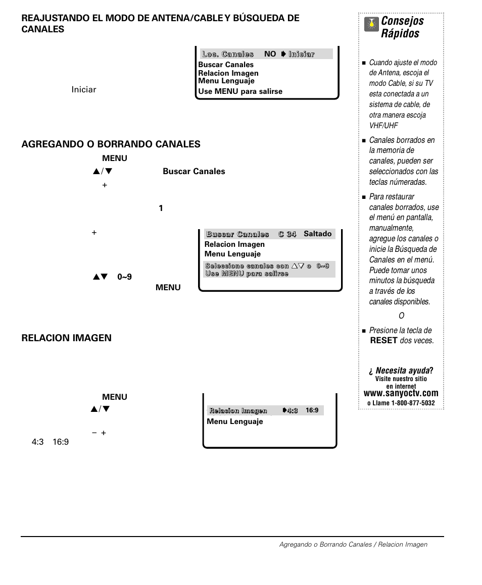 Consejos rápidos, Agregando o borrando canales, Relacion imagen | Sanyo DS32224 User Manual | Page 33 / 59