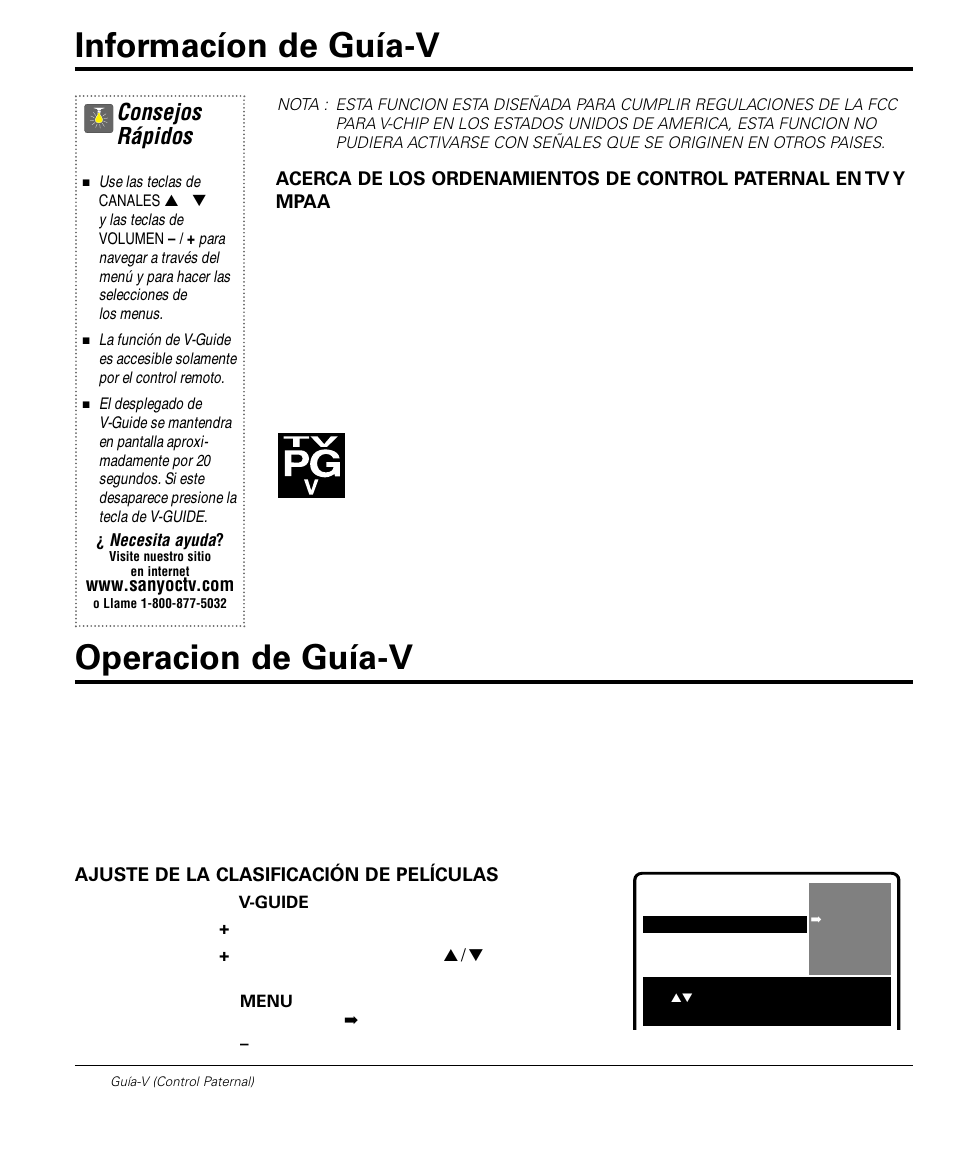 Informacíon de guía-v operacion de guía-v, Consejos rápidos | Sanyo DS32224 User Manual | Page 34 / 59