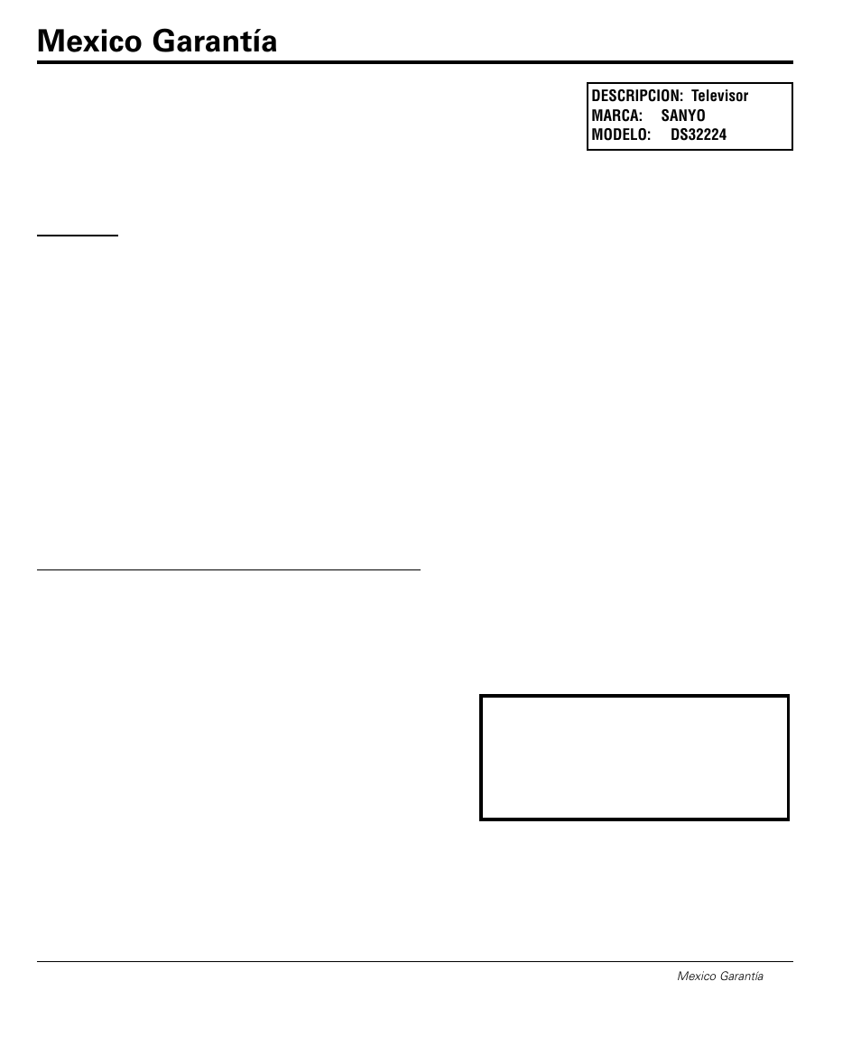 Mexico garantía | Sanyo DS32224 User Manual | Page 39 / 59