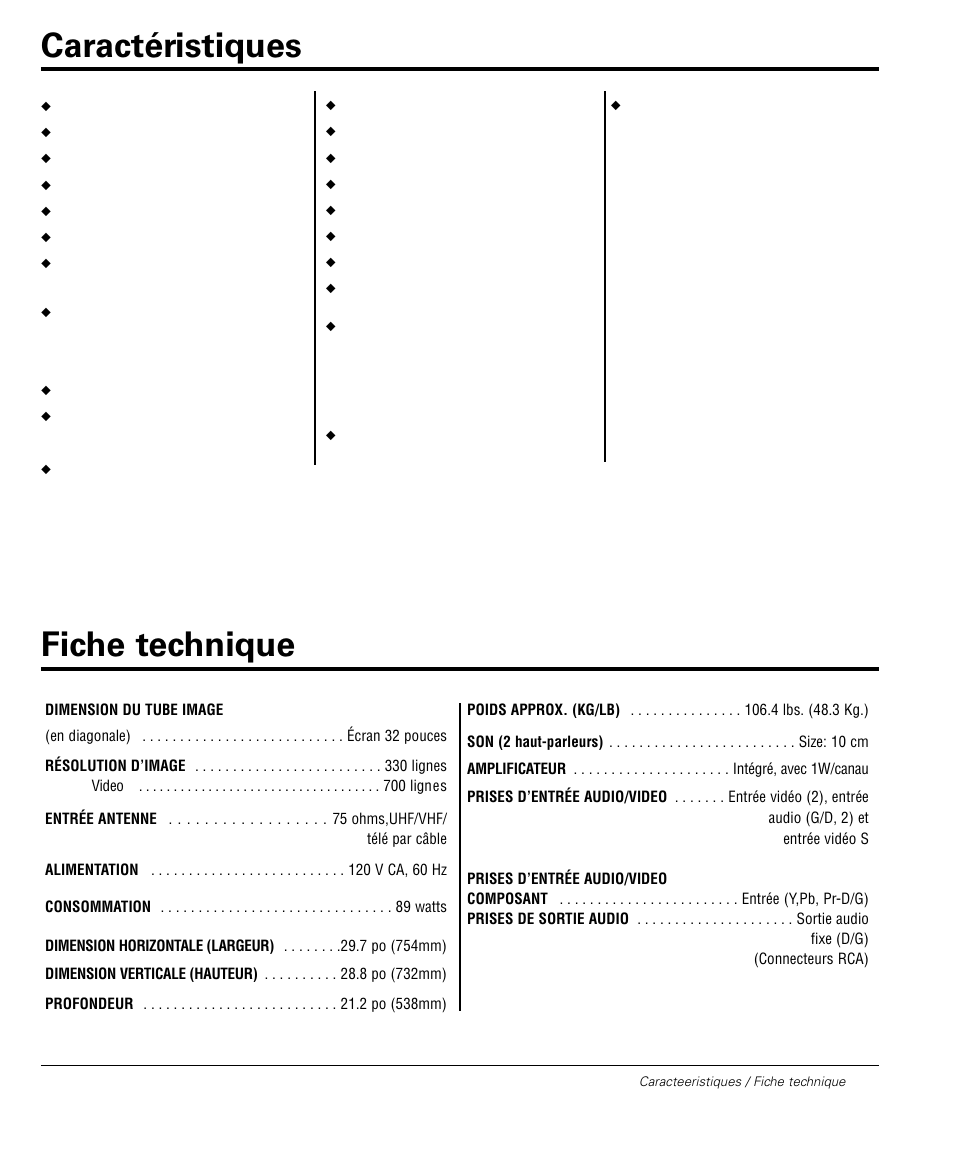 Caractéristiques fiche technique | Sanyo DS32224 User Manual | Page 43 / 59