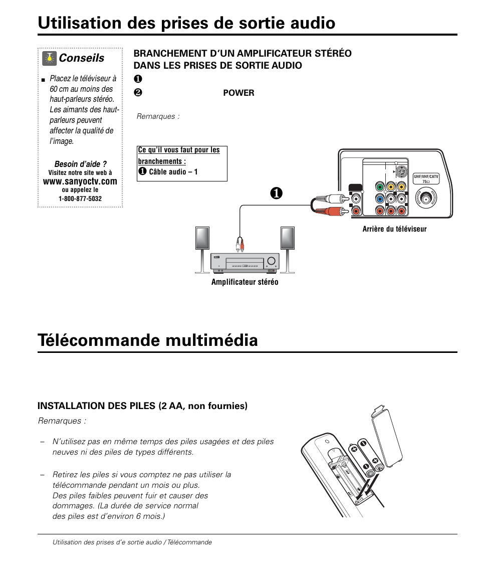 Conseils, Installation des piles (2 aa, non fournies), Remarques | Amplificateur stéréo | Sanyo DS32224 User Manual | Page 48 / 59