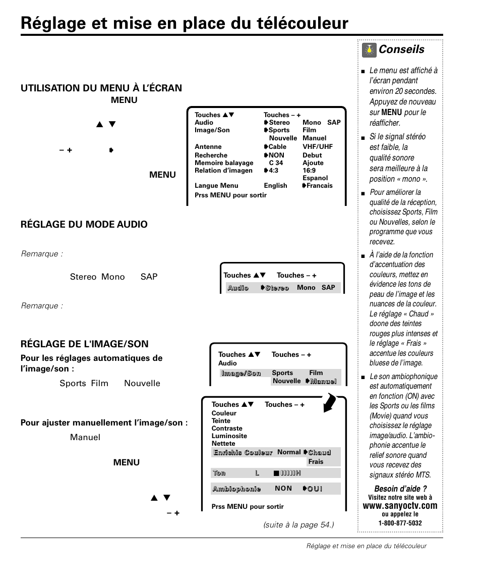 Réglage et mise en place du télécouleur, Conseils, Utilisation du menu à l’écran | Réglage du mode audio, Réglage de l'image/son | Sanyo DS32224 User Manual | Page 53 / 59