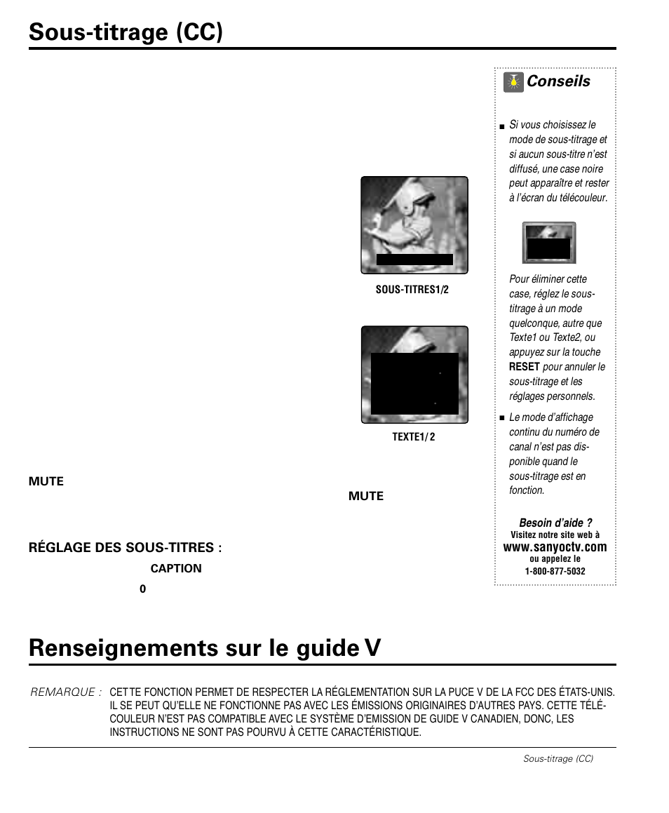 Sous-titrage (cc) renseignements sur le guide v, Conseils | Sanyo DS32224 User Manual | Page 55 / 59