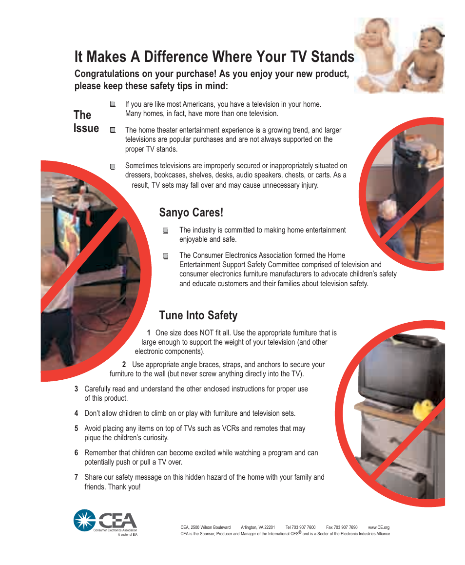 Child safety, It makes a difference where your tv stands, Sanyo cares | Tune into safety, The issue | Sanyo DS32224 User Manual | Page 59 / 59