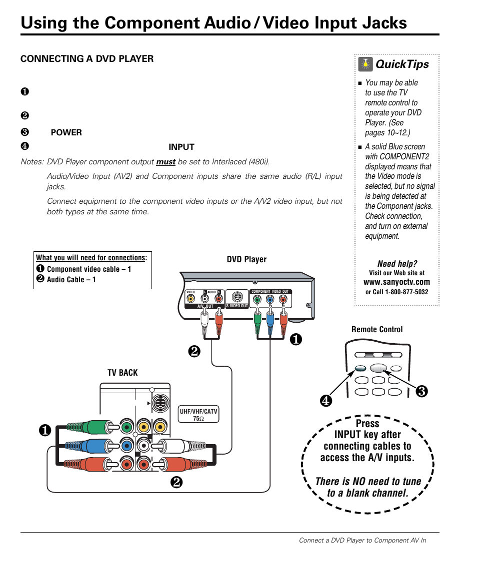 Using the component audio / video input jacks, Quicktips, There is no need to tune to a blank channel | 7connecting a dvd player | Sanyo DS32224 User Manual | Page 7 / 59