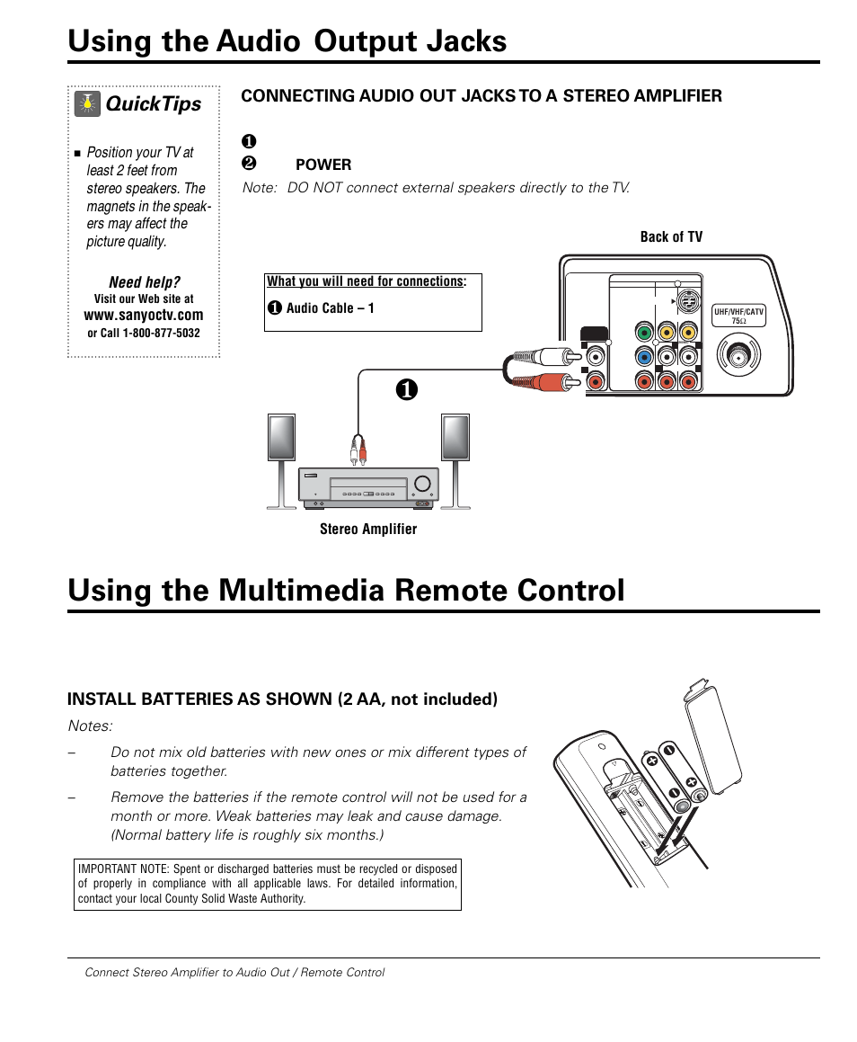 Using the audio output jacks, Using the multimedia remote control, Quicktips | Connecting audio out jacks to a stereo amplifier, Install batteries as shown (2 aa, not included) | Sanyo DS32224 User Manual | Page 8 / 59