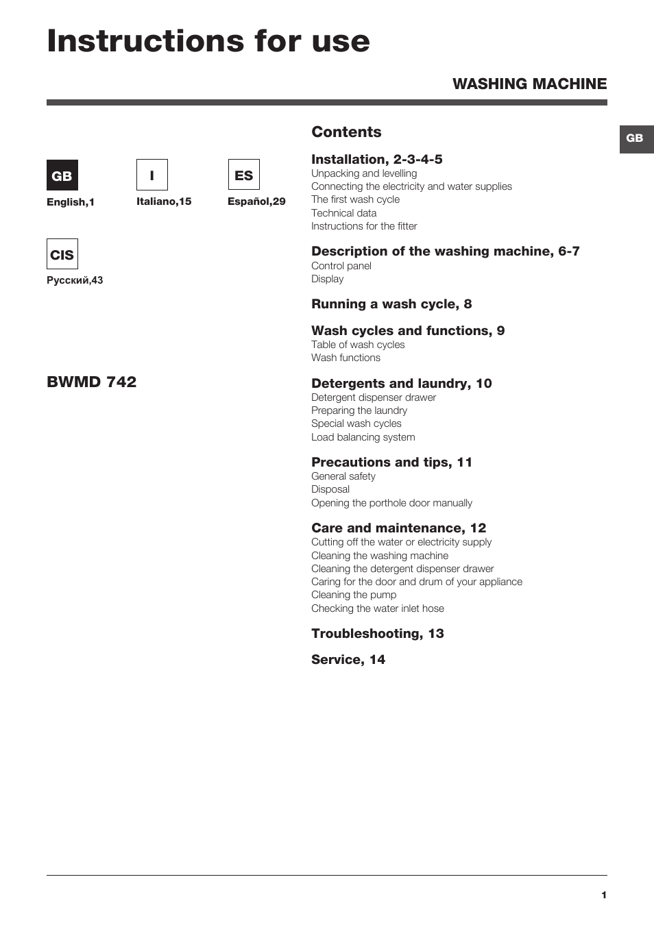 Hotpoint Ariston BWMD 742 User Manual | 56 pages