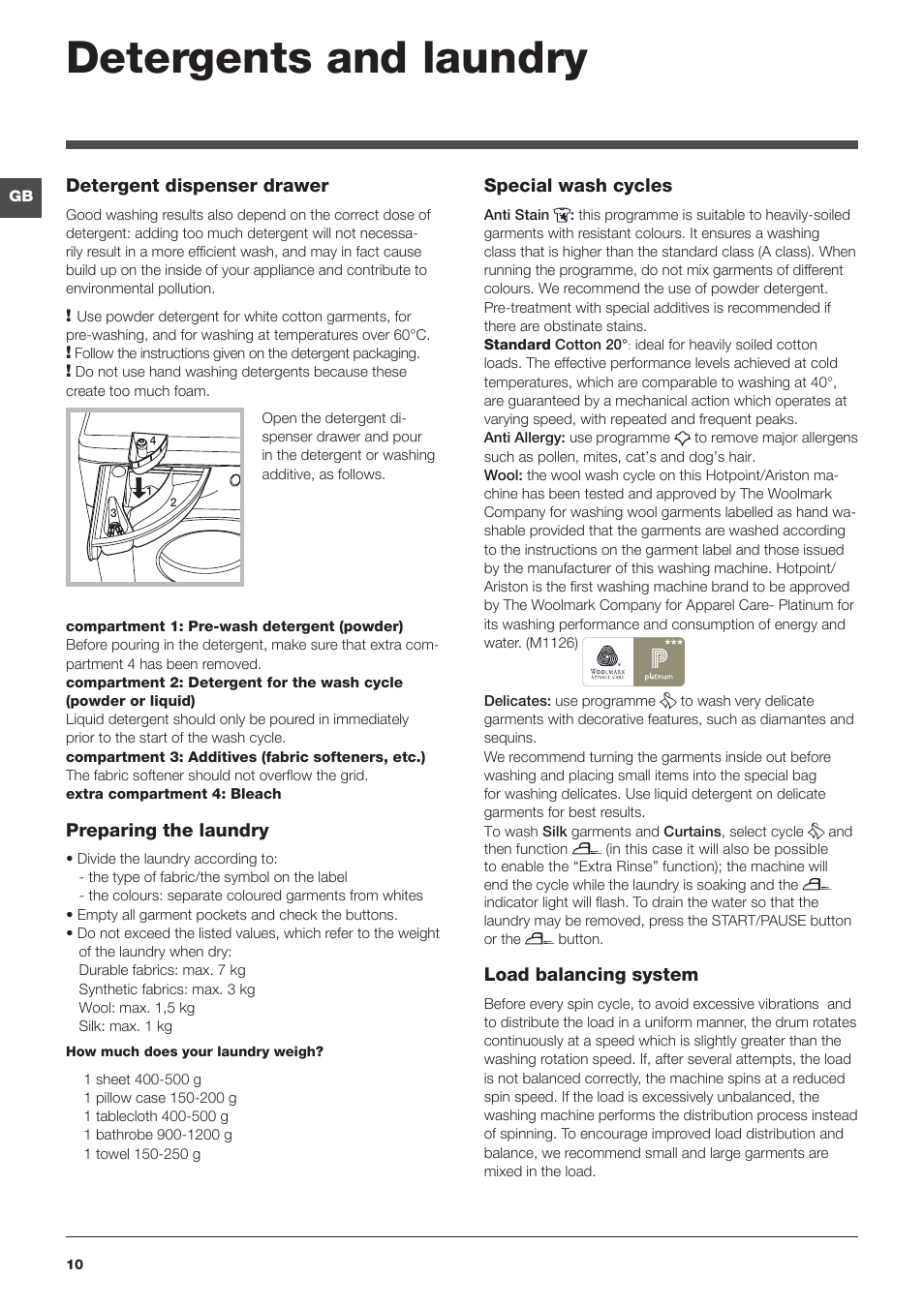 Detergents and laundry | Hotpoint Ariston BWMD 742 User Manual | Page 10 / 56