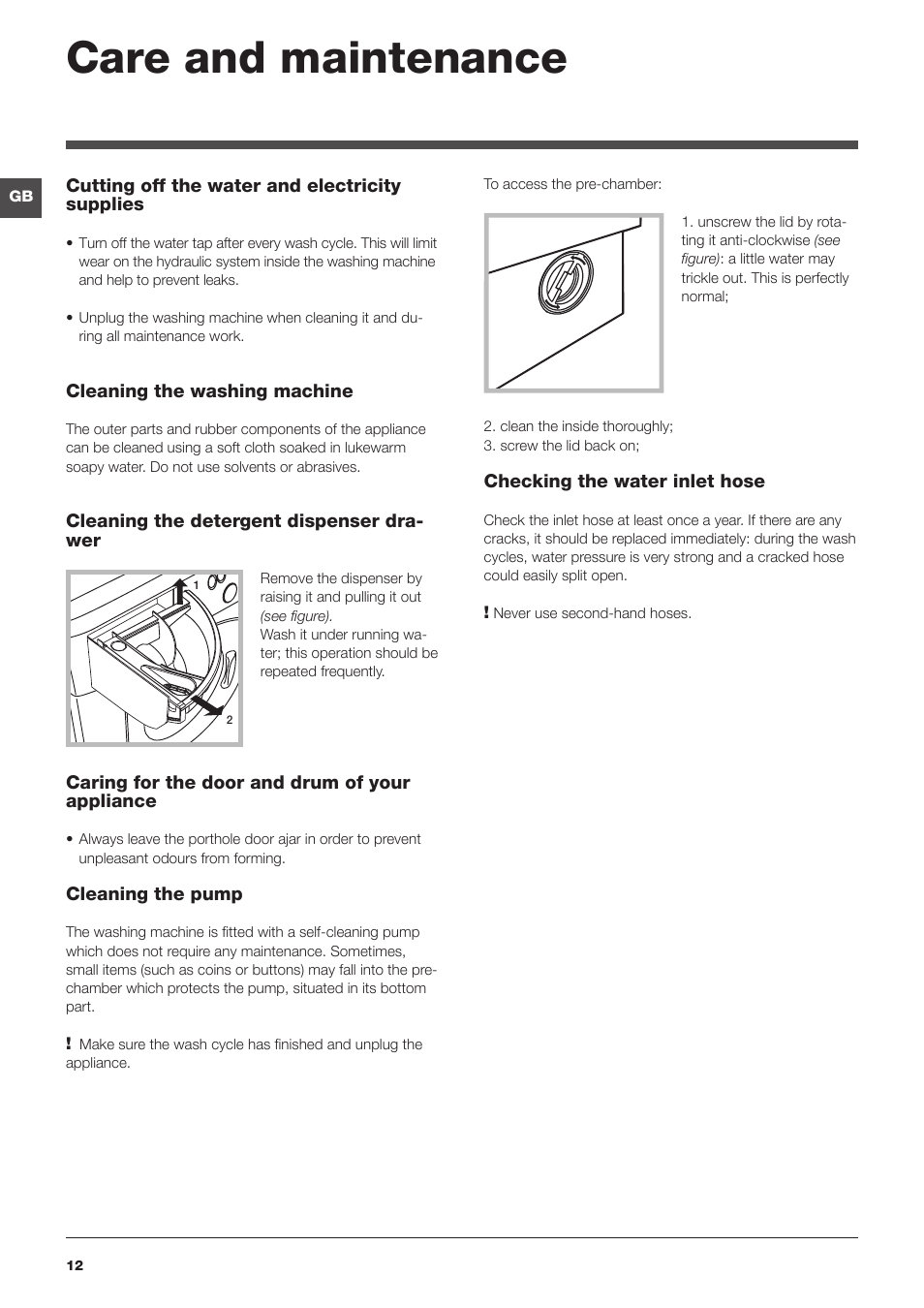 Care and maintenance | Hotpoint Ariston BWMD 742 User Manual | Page 12 / 56