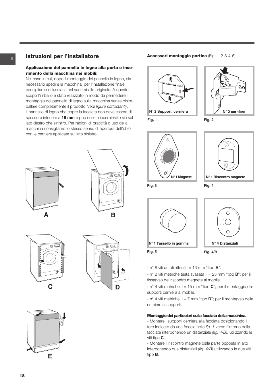 Ab c d e, Istruzioni per l’installatore | Hotpoint Ariston BWMD 742 User Manual | Page 18 / 56