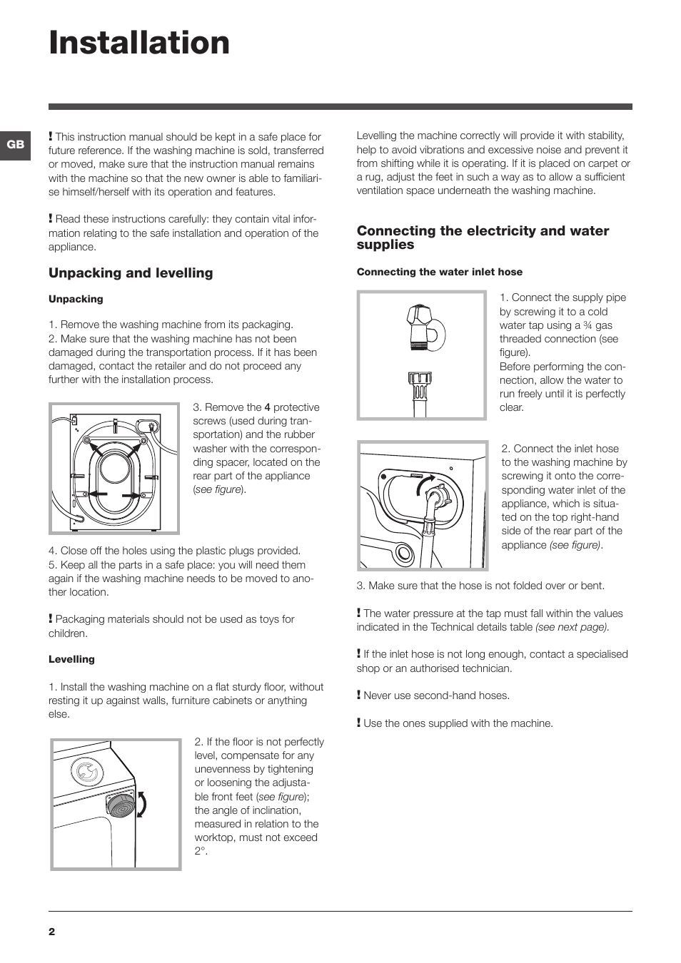 Installation | Hotpoint Ariston BWMD 742 User Manual | Page 2 / 56